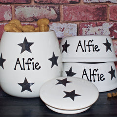Personalised Slanted Dog Bowls And Treat Jar Set In Star Design