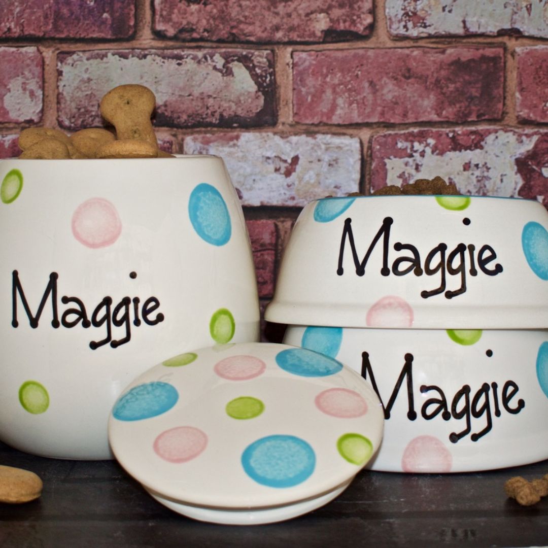 Personalised Slanted Spotty Dog Bowls And Treat Jar Set