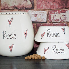 Personalised Slanted Whimsical Dog Bowls And Treat Jar Set