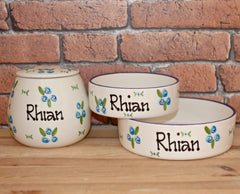 Personalised Ceramic Roses Dog Bowls & Treat Jar Set
