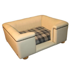 Sandringham Dog Sofa Chesterfield In Champagne Faux Leather Black and White Fabric