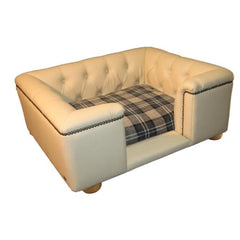 Sandringham Dog Sofa Chesterfield In Champagne Faux Leather Black and White Fabric