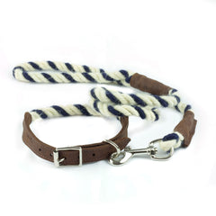 White and Blue 100% British Wool Dog Collar and Lead