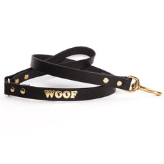 Woof Embossed Leather Dog Leads Black Gold