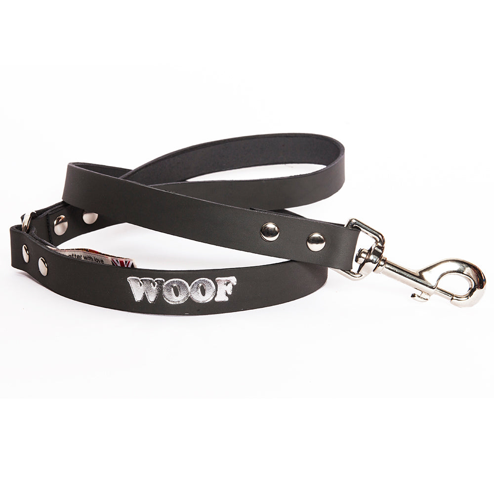 Woof Embossed Leather Dog Leads Grey Silver