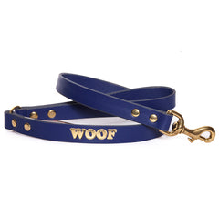 Woof Embossed Leather Dog Leads Purple Gold