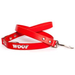 Woof Embossed Leather Dog Leads Red Silver