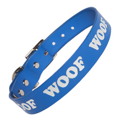 Woof Embossed Leather Dog Collars Blue Silver