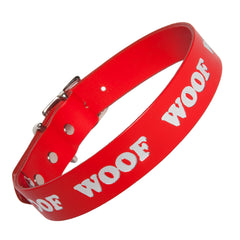 Woof Embossed Leather Dog Collars Red Silver