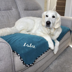 Luxury Personalised Pet Blankets In Teal With Black/Cream Spots