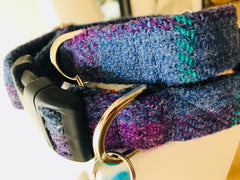 Skinny Heather Blue Velvet Lined Harris Tweed Designer Dog Collar