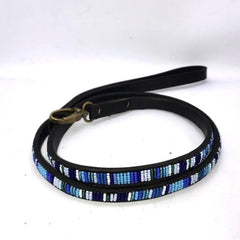 Luxury Leather Masai Beaded Dog Leads In Blue