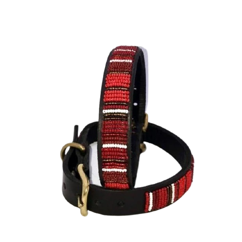 Luxury Masai Beaded Leather Dog Collars In Red