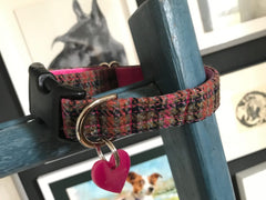 Damson Tweed Dog Collar and Lead with Pink Velvet Lining | Scrufts