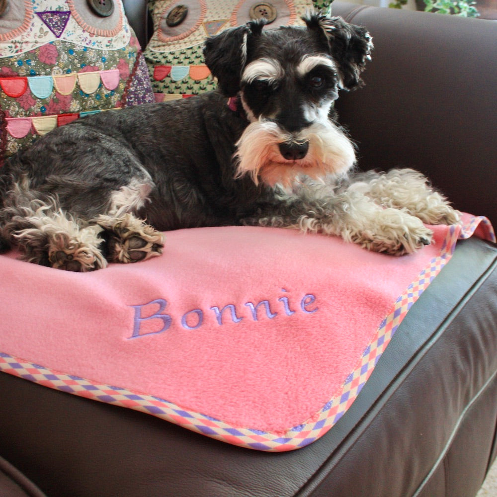 Luxury Personalised Pet Blankets In Rose Pink With Lilac/Pink Harlequin 