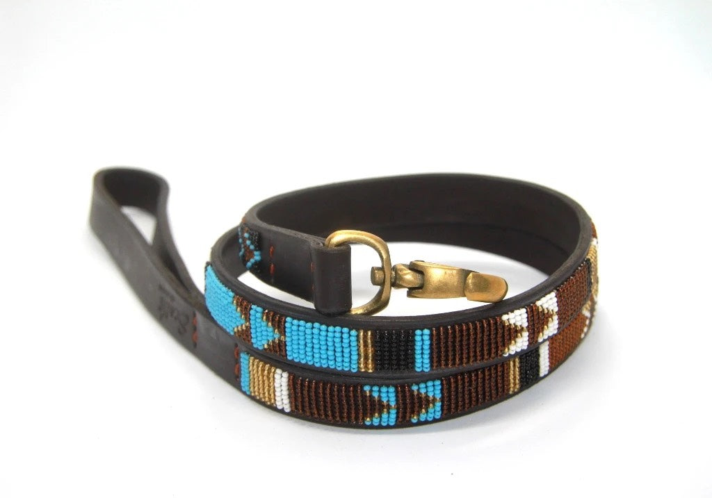 Luxury Leather Masai Beaded Dog Leads In Sky