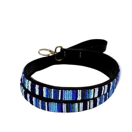 Luxury Leather Masai Beaded Dog Leads In Blue
