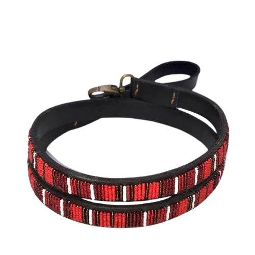 Luxury Leather Masai Beaded Dog Leads In Red