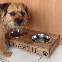 Personalised Rustic Wooden Double Dog Bowl Feeder