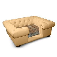 Balmoral Dog Sofa In Champagne Faux Leather Dove Fabric