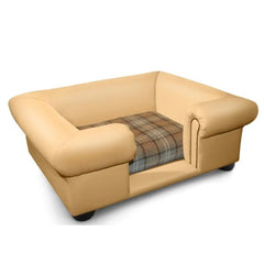 Balmoral Dog Sofa In Champagne Faux Leather Dove Fabric