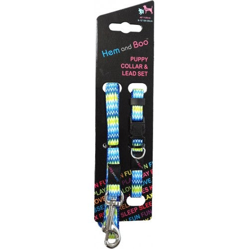 Blue Zig Zag Puppy Collar And Lead Set by Hem And Boo