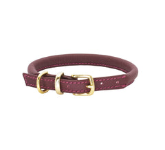 Dogs & Horses Rolled Leather Dog Collar and Lead Set Burgundy & Brass