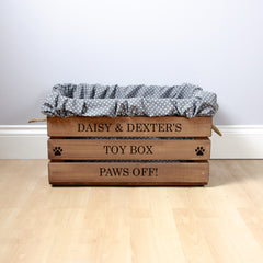 Personalised Oak Wooden Dog Toy Box With Grey Liner Large