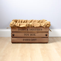 Personalised Oak Wooden Dog Toy Box With Tan Liner Large