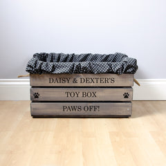 Personalised Grey Wooden Dog Toy Box With Black Polka Liner Large