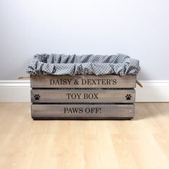Personalised Grey Wooden Dog Toy Box With Grey Polka Liner Large