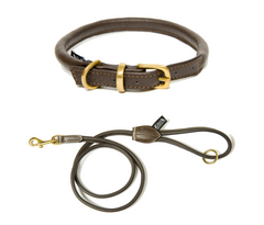 Dogs & Horses Rolled Leather Dog Collar and Lead Set Brown