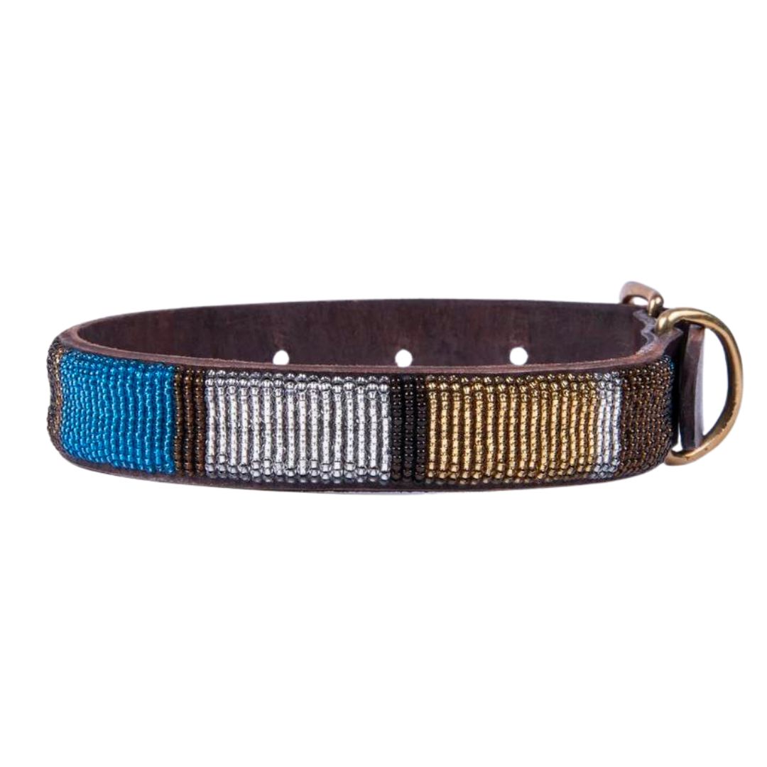 Designer Beaded Leather Dog Collar Blue, Brown and Silver