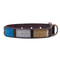 Designer Beaded Leather Dog Collar Blue, Brown and Silver