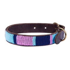 Designer Beaded Leather Dog Collar Pink and Blue
