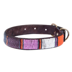 Designer Beaded Leather Dog Collar Pink, White and Orange