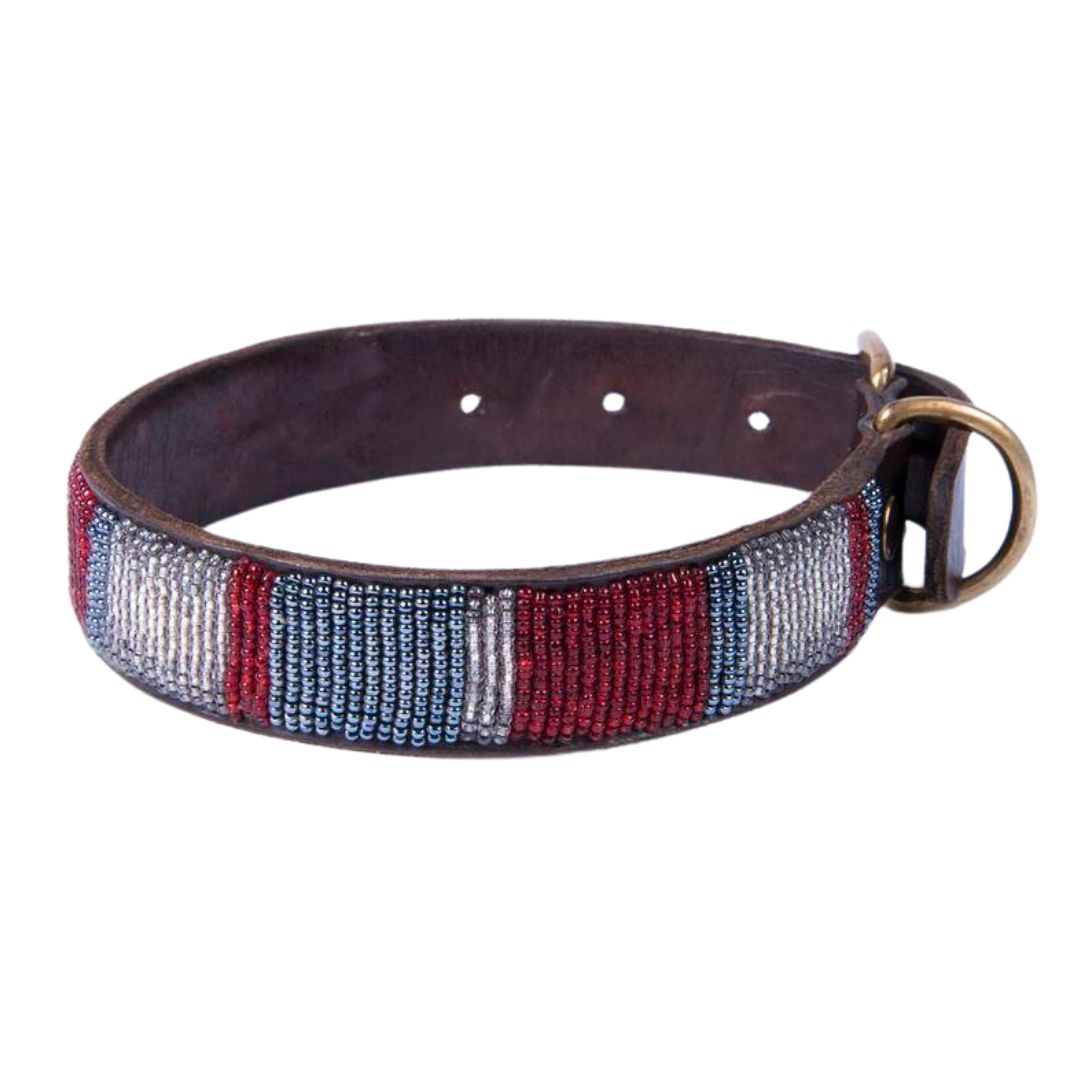 Designer Beaded Leather Dog Collar Red, Silver and Grey