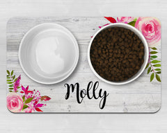Personalised Grey Wood Effect With Flowers Neoprene Pet Bowl Placemat