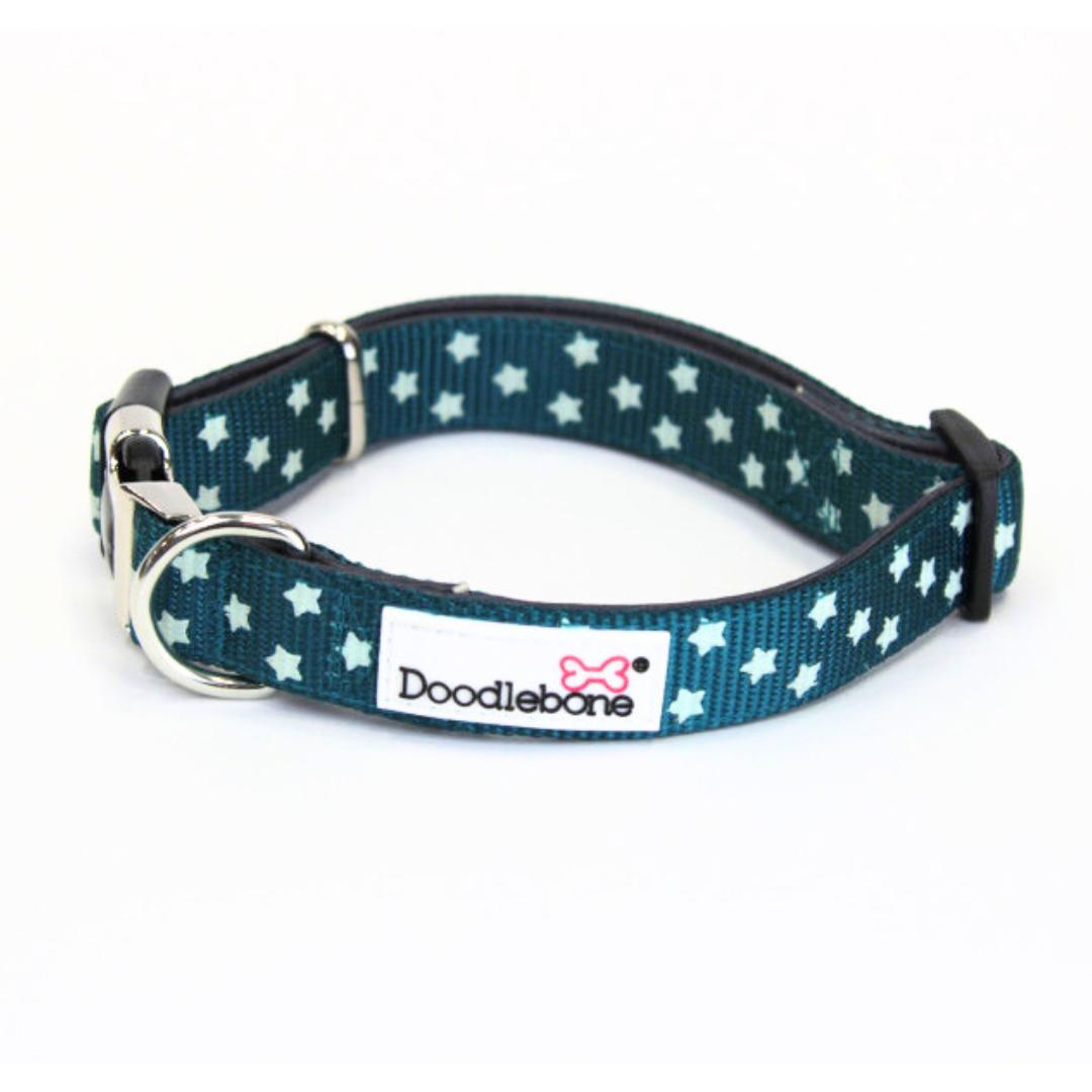 Doodlebone Padded Dog Collar - Teal Stars Glow In The Dark