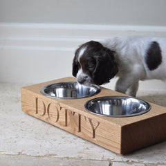 Personalised Solid Oak Double Dog Bowl | The Oak and Rope Company