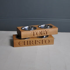 Personalised Solid Oak Double Dog Bowl | The Oak and Rope Company