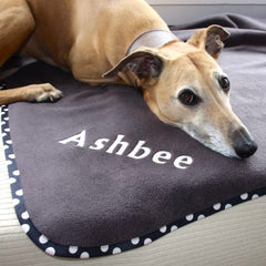 Luxury Personalised Pet Blankets In Charcoal Grey With Black/Cream Spots