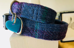 Skinny Heather Blue Velvet Lined Harris Tweed Designer Dog Collar