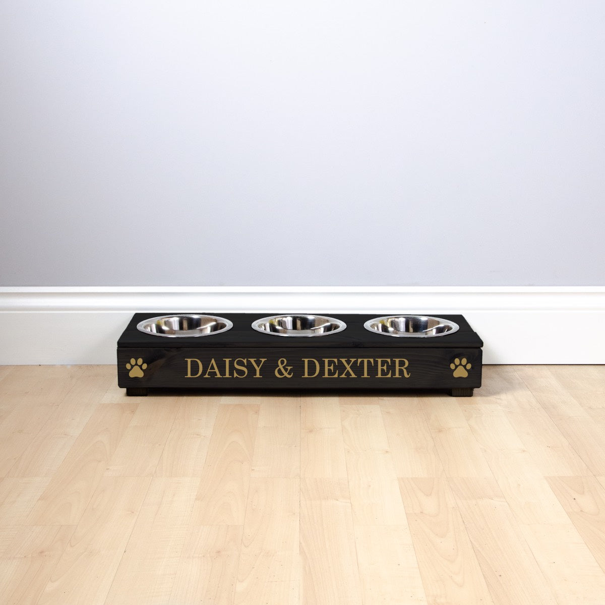 Personalised Black Wooden Triple Dog Bowl Feeder With Gold Lettering