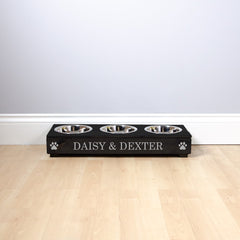 Personalised Black Wooden Triple Dog Bowl Feeder With Silver Lettering
