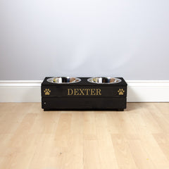 Personalised Black Wooden Double Dog Bowl Feeder With Gold Lettering