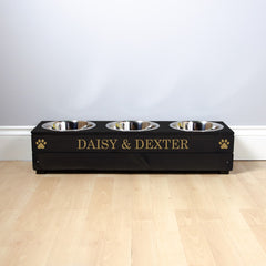 Personalised Black Wooden Triple Dog Bowl Feeder With Gold Lettering
