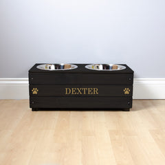 Personalised Black Wooden Double Dog Bowl Feeder With Gold Lettering
