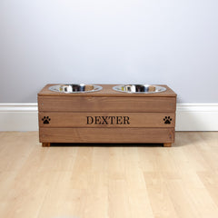 Personalised Rustic Wooden Double Dog Bowl Feeder