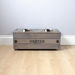 Personalised Grey Wooden Double Dog Bowl Feeder